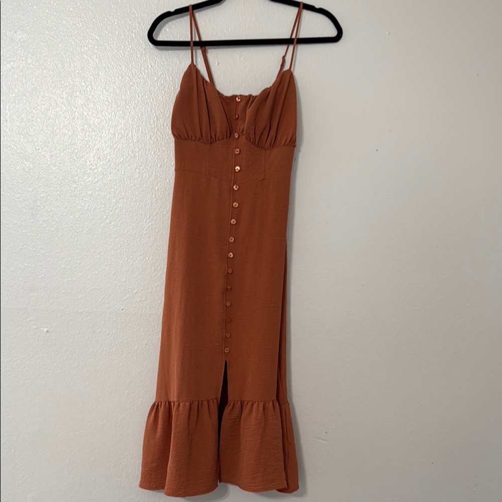 No Boundaries Brown Orange Ruffled Midi Sundress